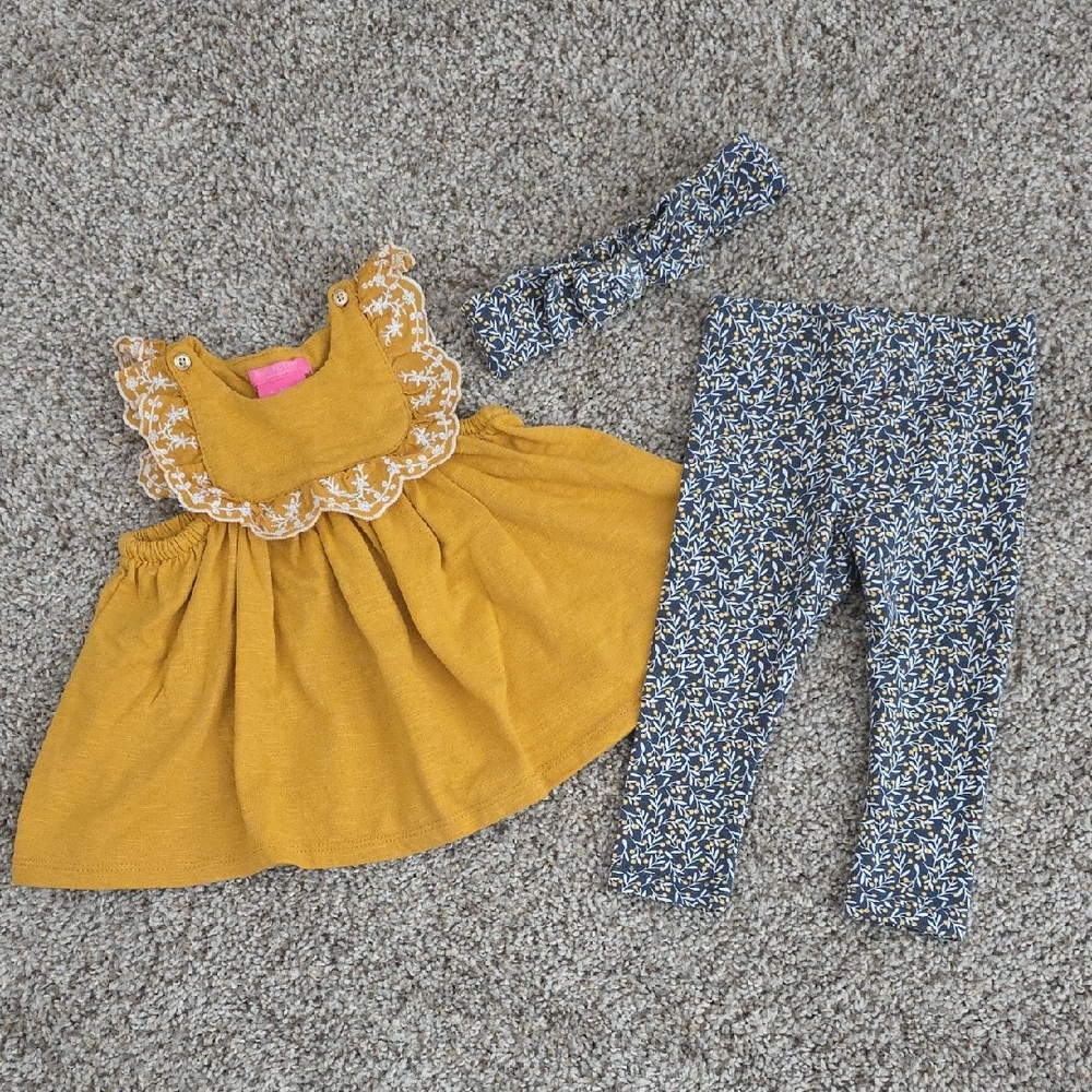 Mustard Dress and Floral Leggings Set